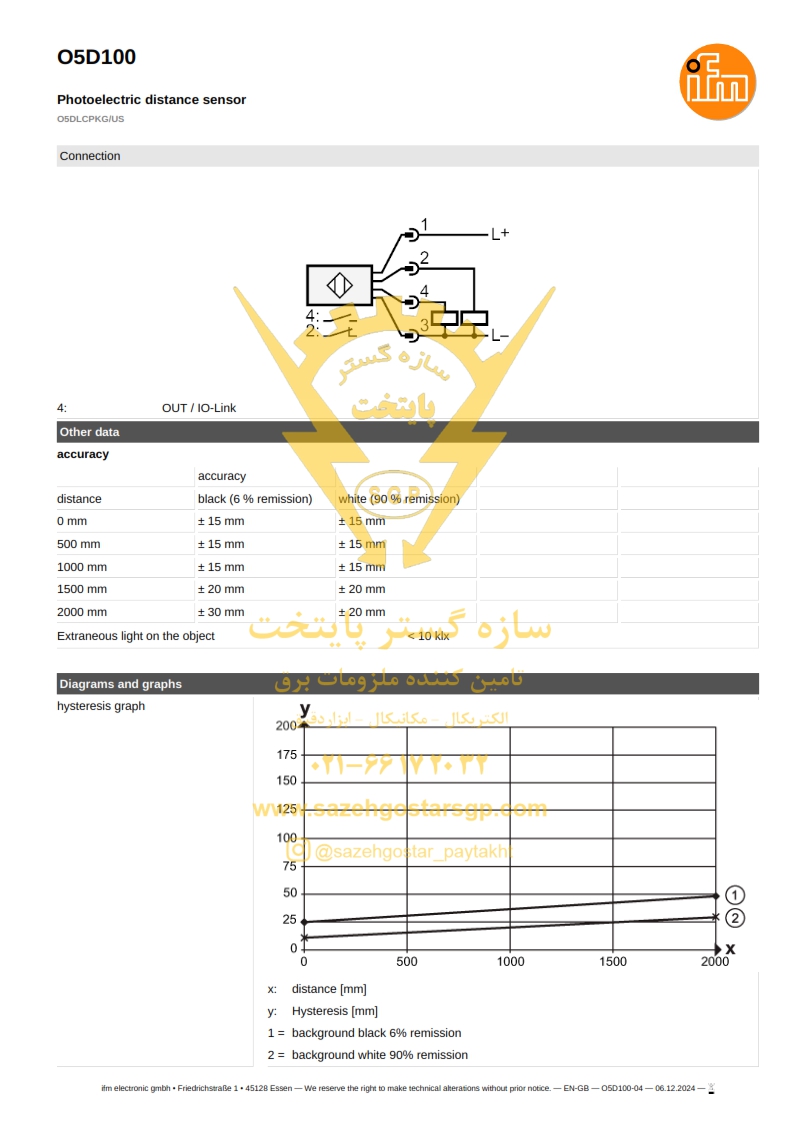 سازه گسترپایتخت تامین کننده محصولات آی اف ام در ایران - سنسور تشخیص فاصله فتو الکتریک آی اف ام Photoelectric distance sensor IFMO5D100