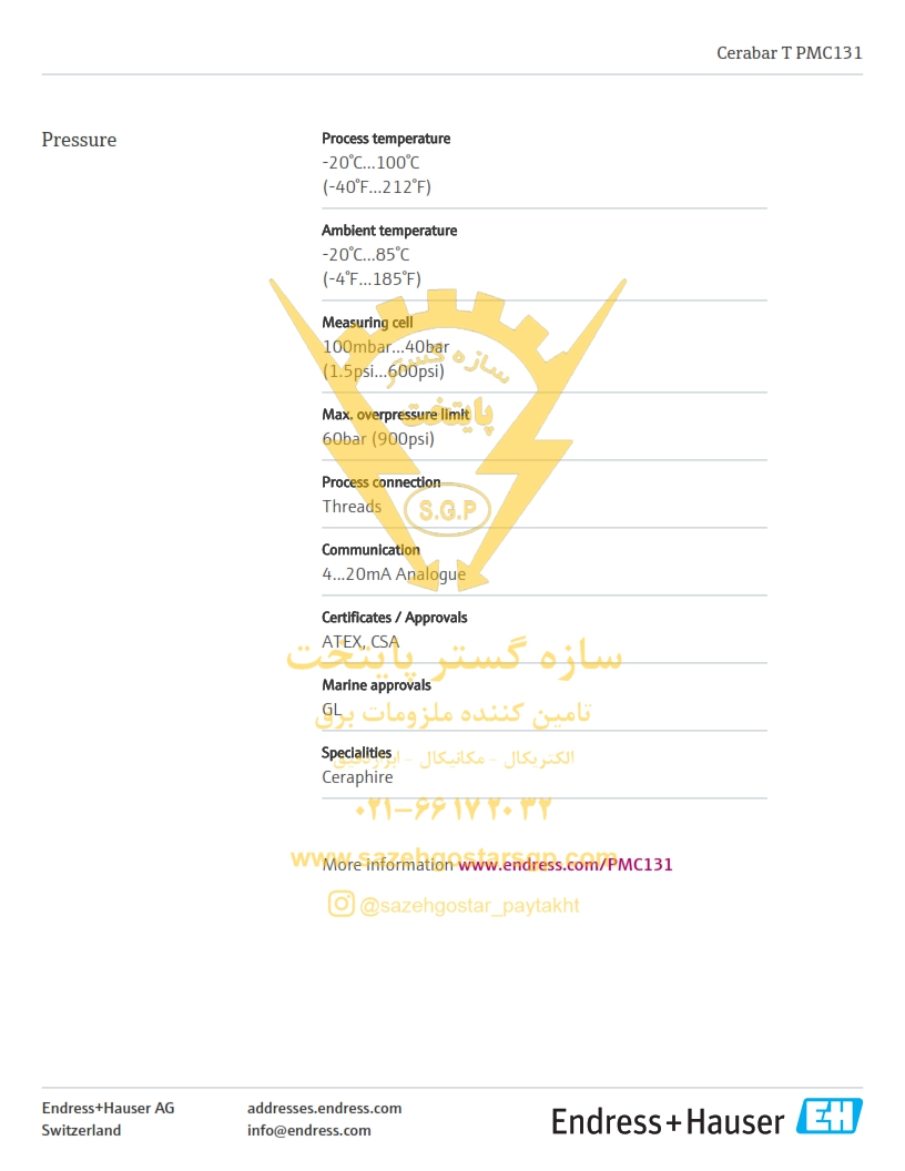 سازه گستر پایتخت- ترانسمیتر فشار اندرس هاوزر مدل PMC131-A22F1A1S Endress + Hauser Pressure Transmitters PMC131-A22F1A1S